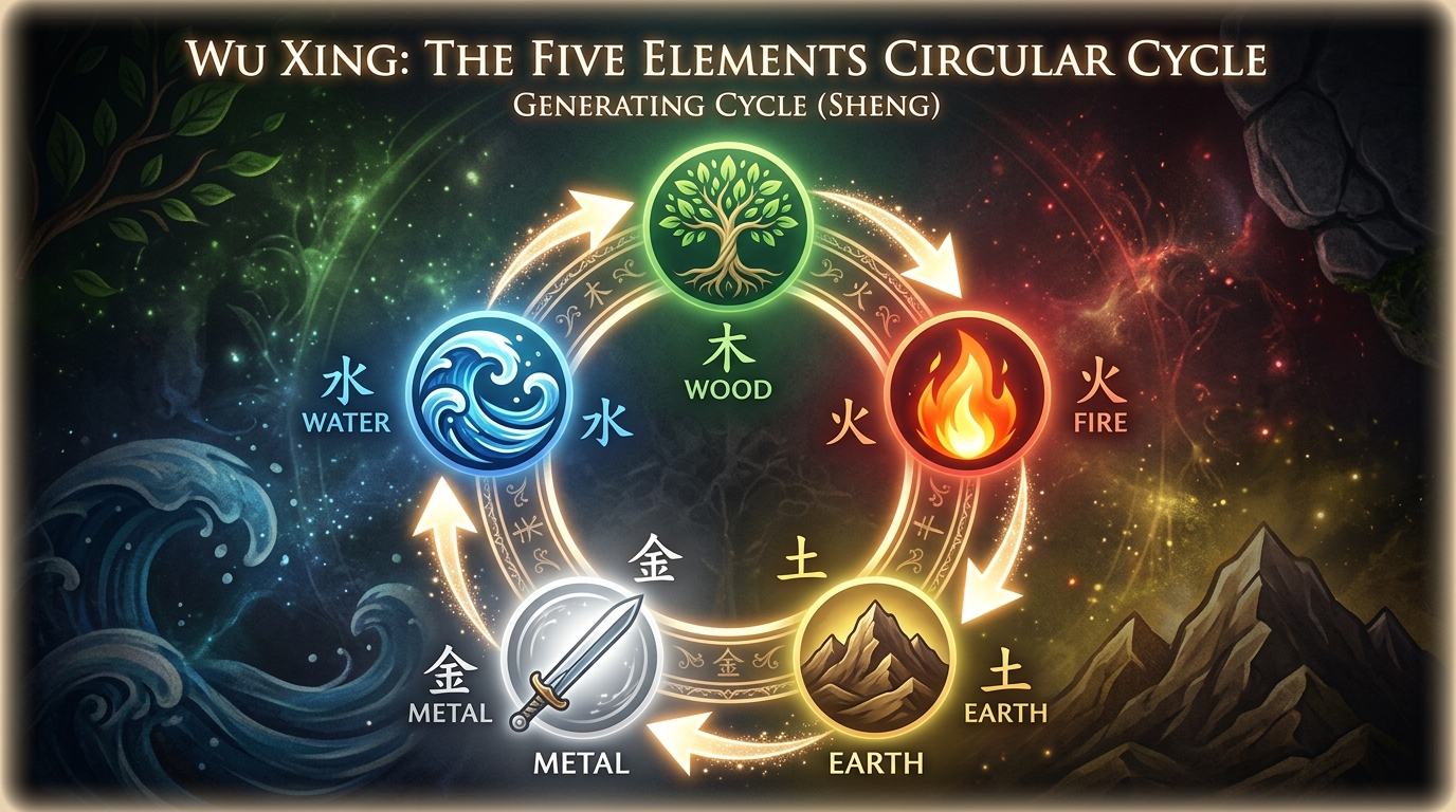 오행 상생상극 — 나무 불 흙 쇠 물의 순환 다이어그램